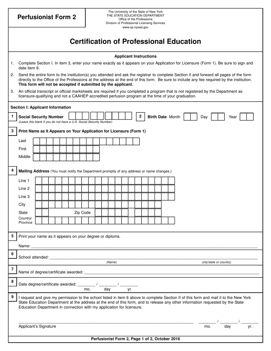 Perfusionist Form 2 Certification of Professional Education - New York, Page 1