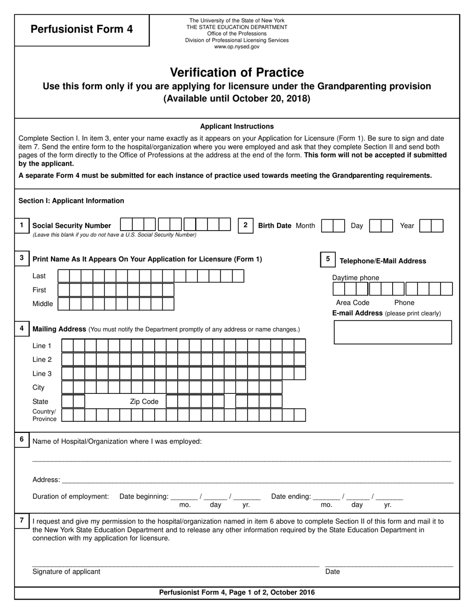 Perfusionist Form 4 Verification of Practice - New York, Page 1