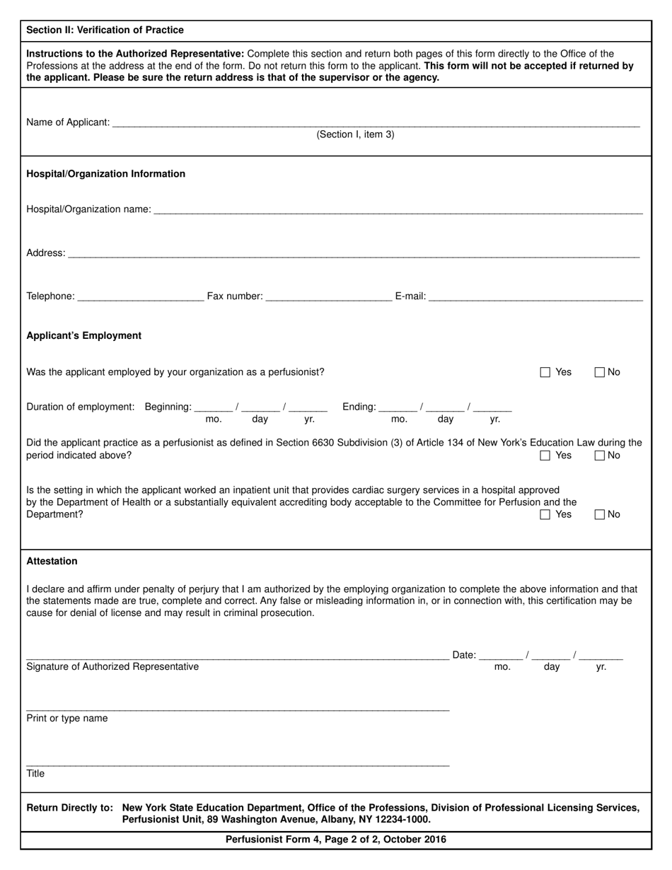 Perfusionist Form 4 Verification of Practice - New York, Page 2
