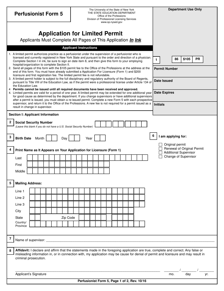 Perfusionist Form 5 Application for Limited Permit - New York, Page 1