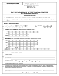 Optometry Form 4A Supporting Affidavit of Professional Practice - New York