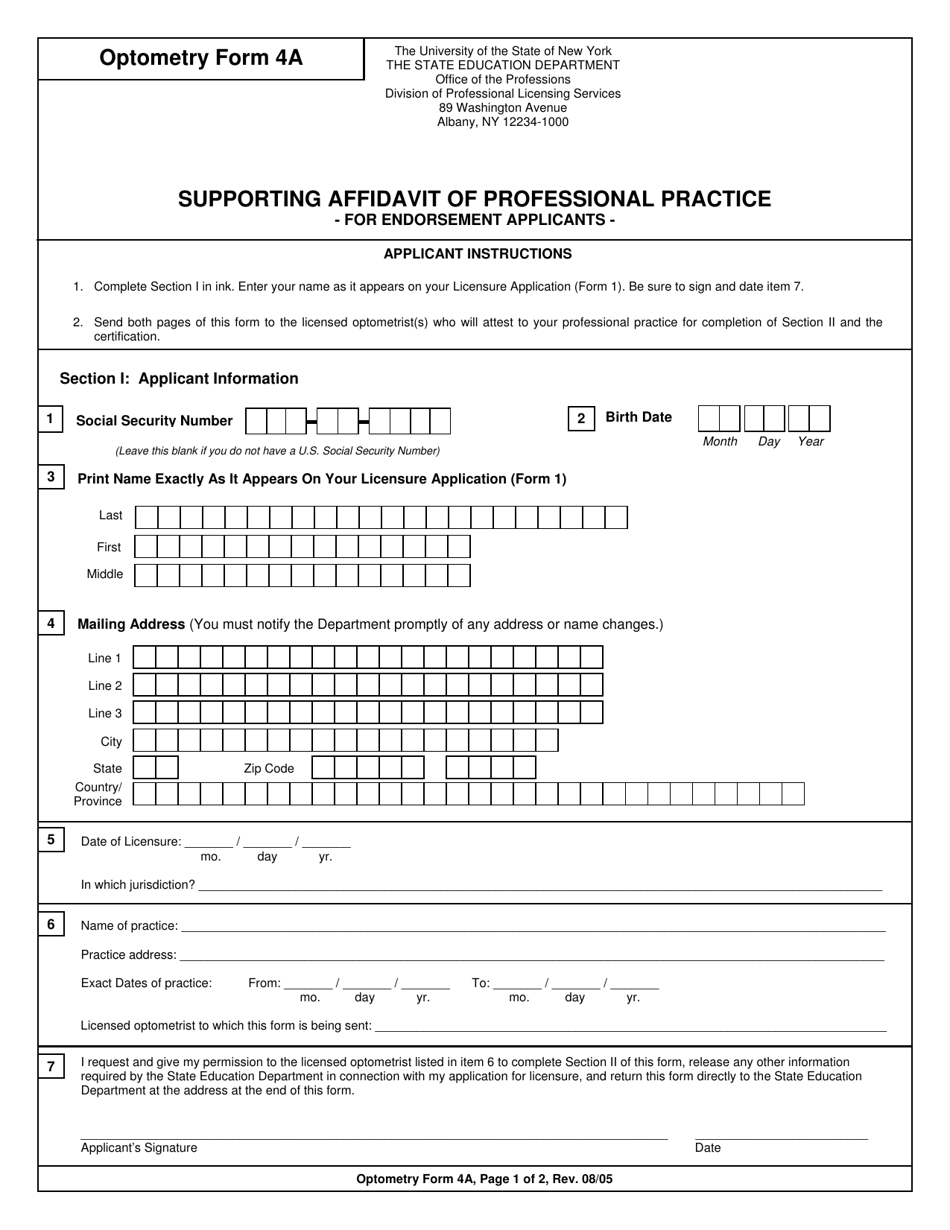 Optometry Form 4A Supporting Affidavit of Professional Practice - New York, Page 1