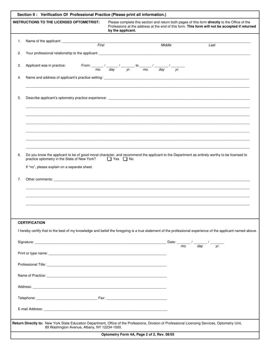 Optometry Form 4A Supporting Affidavit of Professional Practice - New York, Page 2