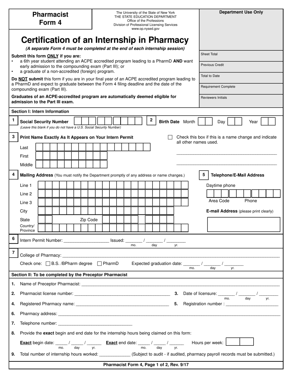 Pharmacist Form 4 Certification of an Internship in Pharmacy - New York, Page 1