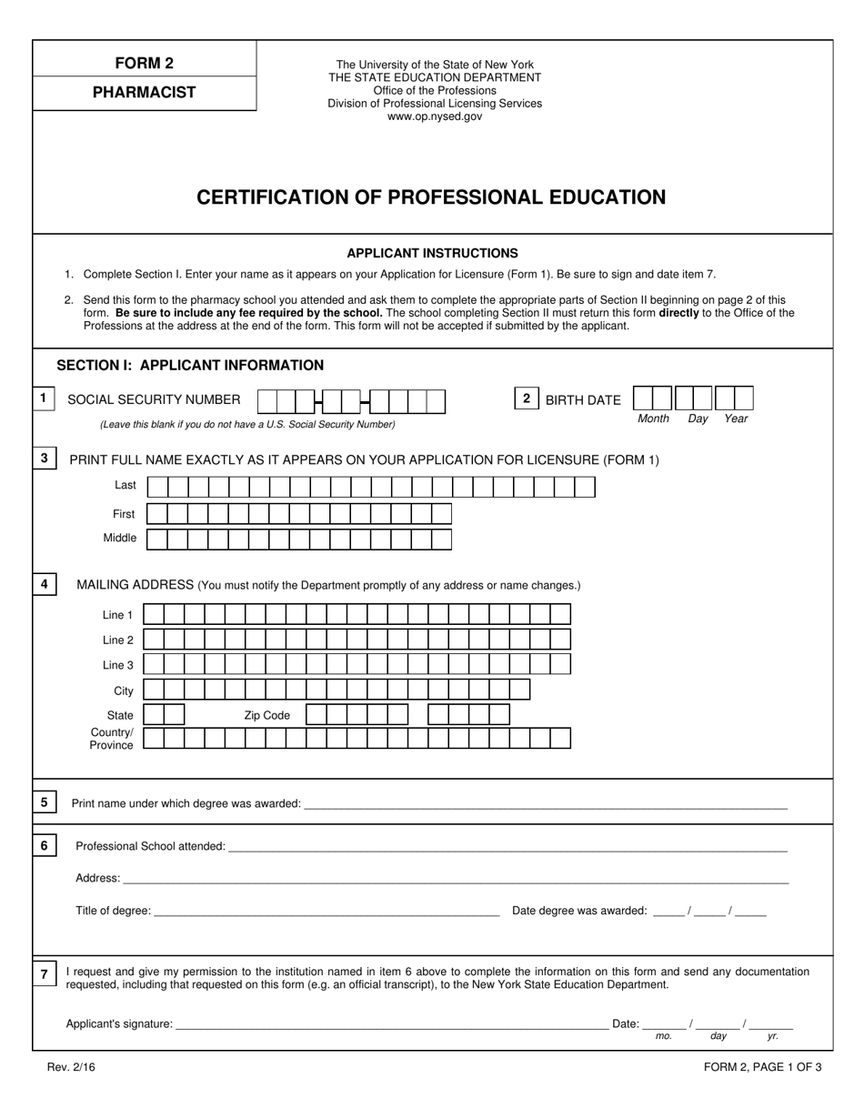 Pharmacist Form 2 Certification of Professional Education - New York, Page 1