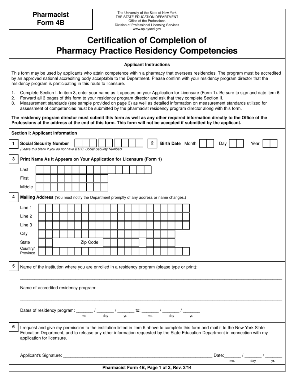 Pharmacist Form 4B Certification of Completion of Pharmacy Practice Residency Competencies - New York, Page 1