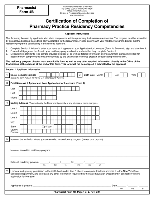 Pharmacist Form 4B Certification of Completion of Pharmacy Practice Residency Competencies - New York