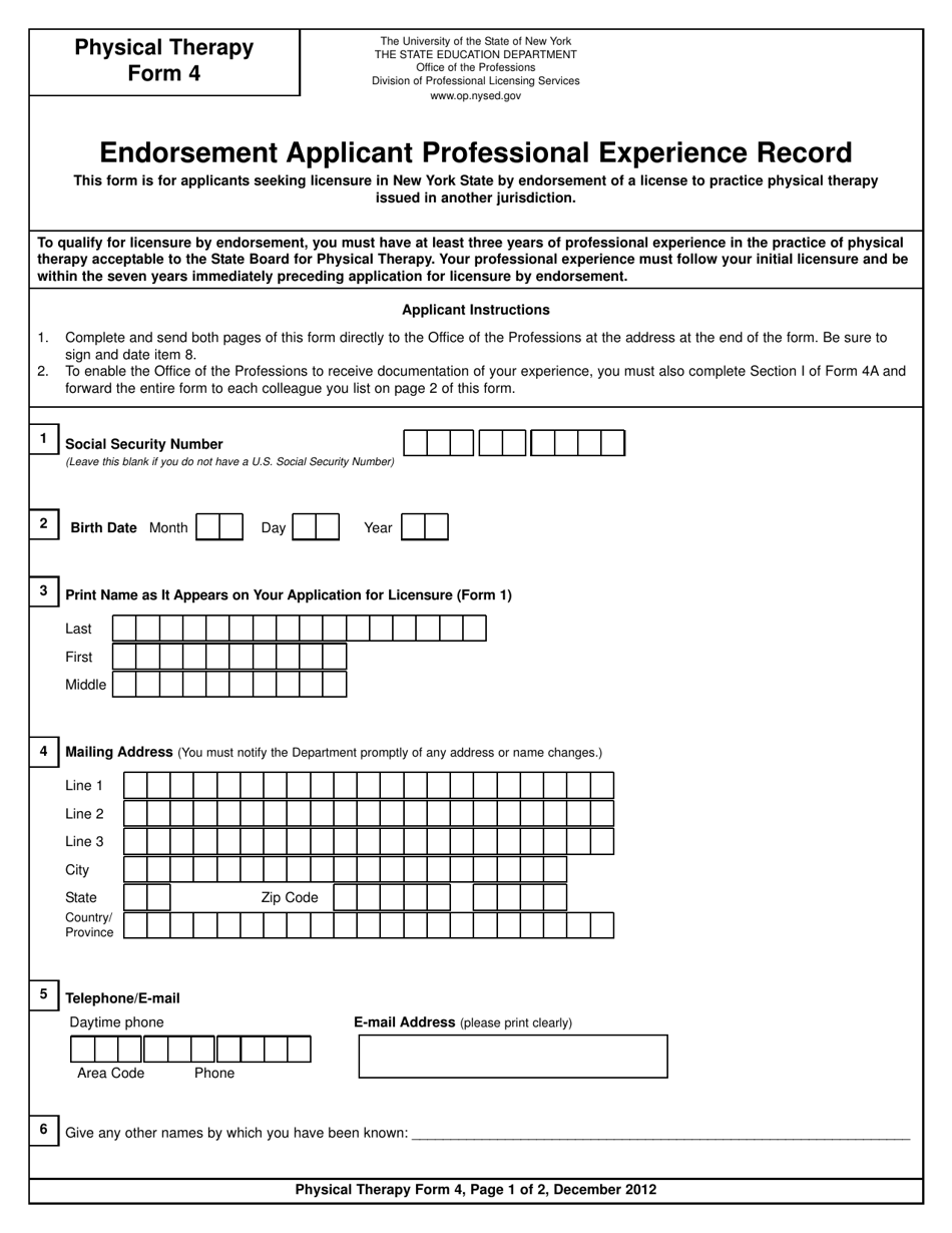 Physical Therapy Form 4 Endorsement Applicant Professional Experience Record - New York, Page 1