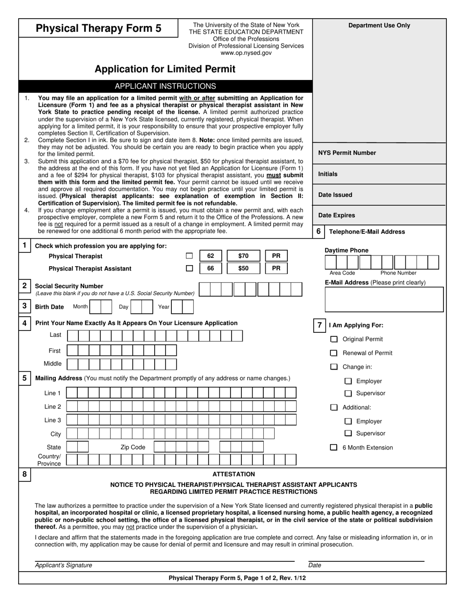 Physical Therapy Form 5 Application for Limited Permit - New York, Page 1
