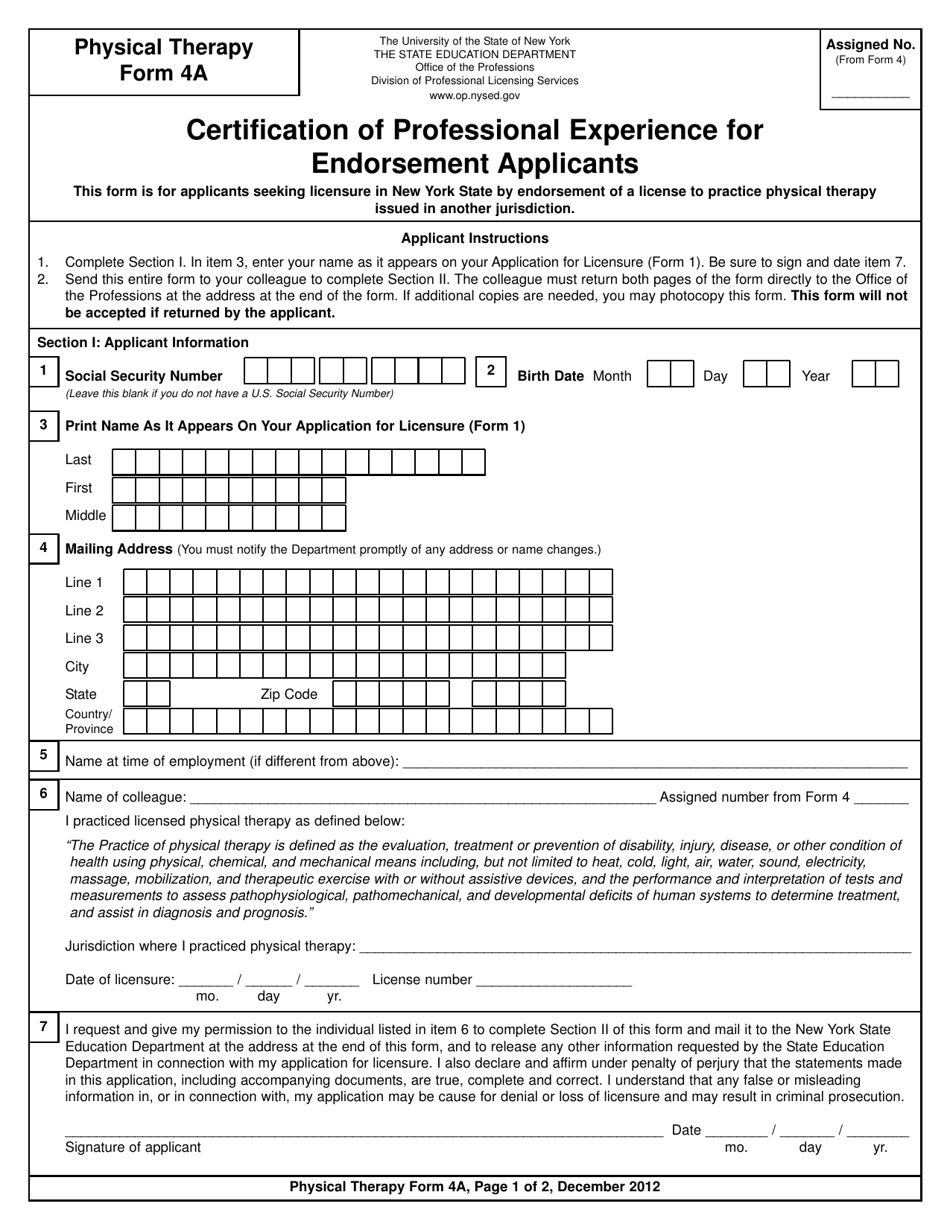 Physical Therapy Form 4A Certification of Professional Experience for Endorsement Applicants - New York, Page 1