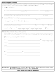 Physical Therapy Form 4A &quot;Certification of Professional Experience for Endorsement Applicants&quot; - New York, Page 2