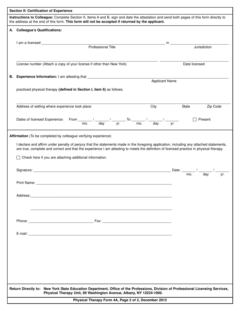 Physical Therapy Form 4A Certification of Professional Experience for Endorsement Applicants - New York, Page 2