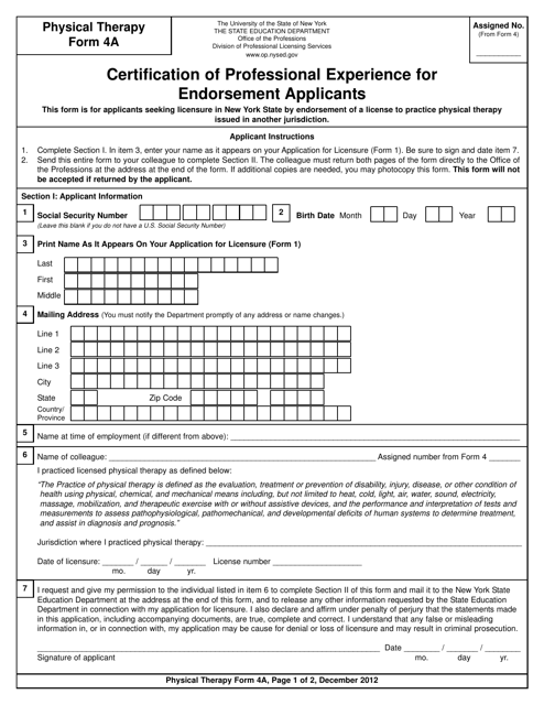 Physical Therapy Form 4A Printable Pdf