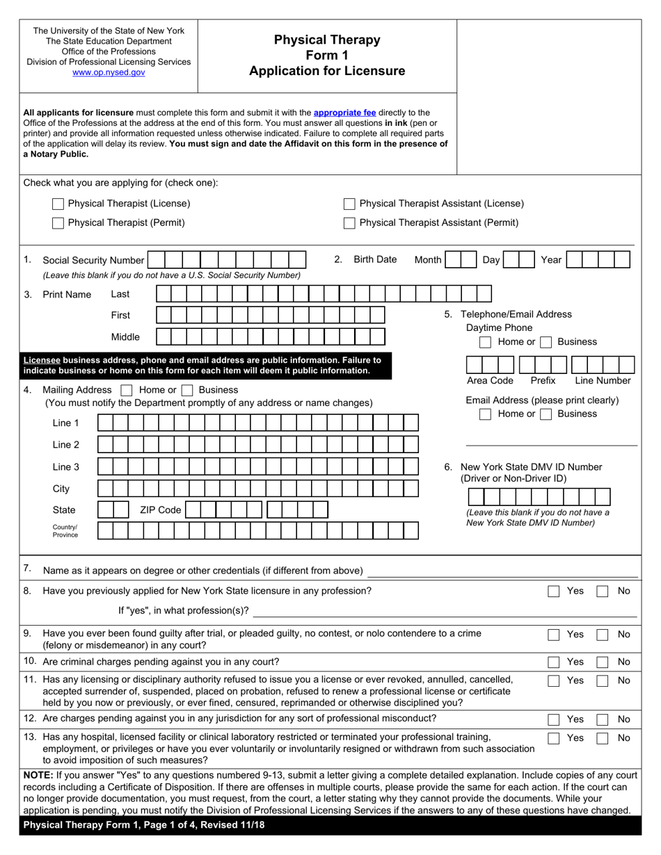 Physical Therapy Form 1 Application for Licensure - New York, Page 1