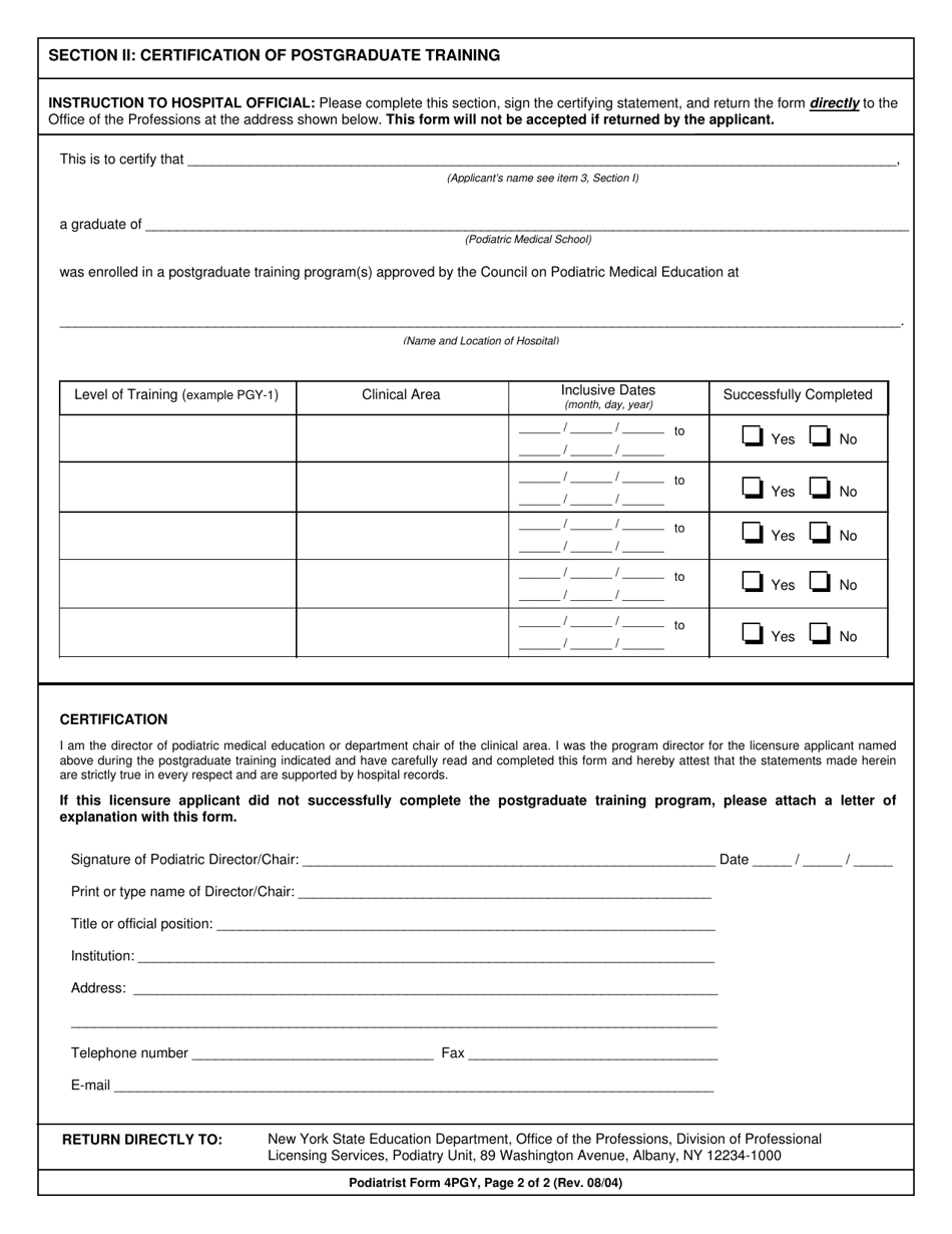 Podiatrist Form 4PGY Certification of Approved Podiatric Postgraduate Training - New York, Page 2
