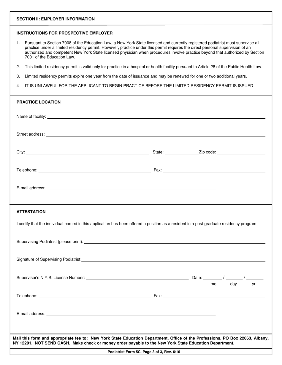 Podiatrist Form 5C Application for Limited Residency Permit for Applicants Who Are Applying for Licensure in New York State - New York, Page 3