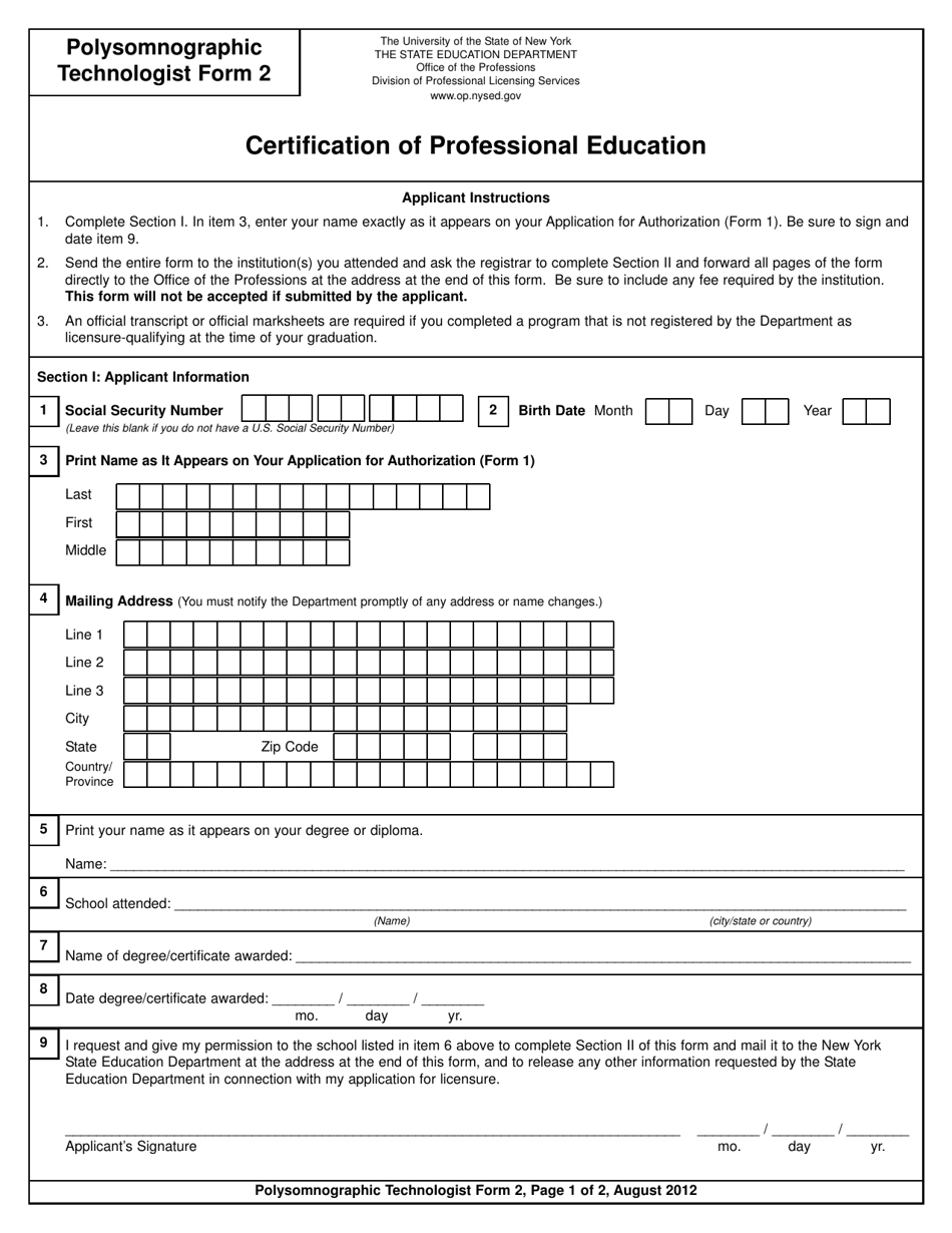 Polysomnographic Technologist Form 2 Certification of Professional Education - New York, Page 1