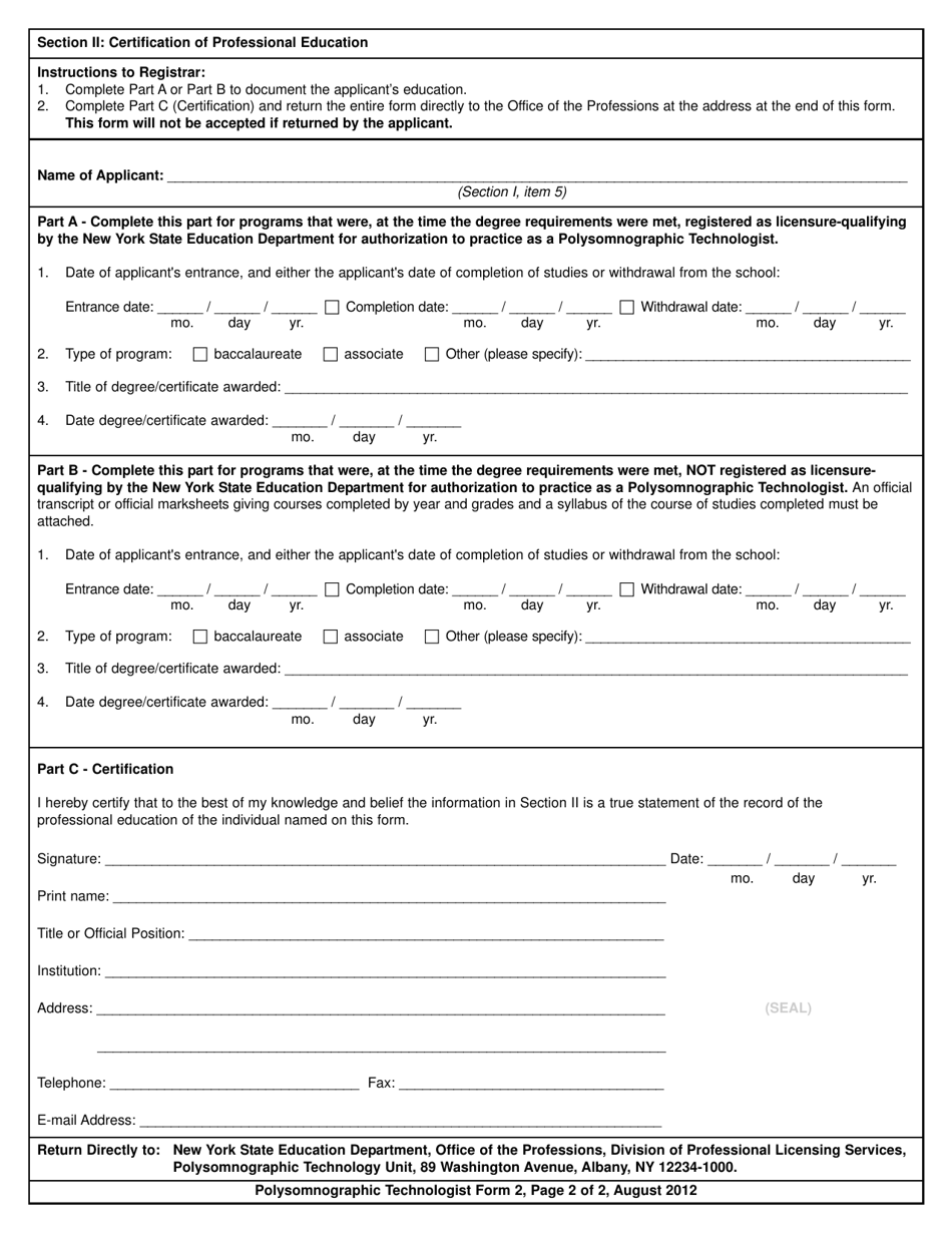 Polysomnographic Technologist Form 2 Certification of Professional Education - New York, Page 2