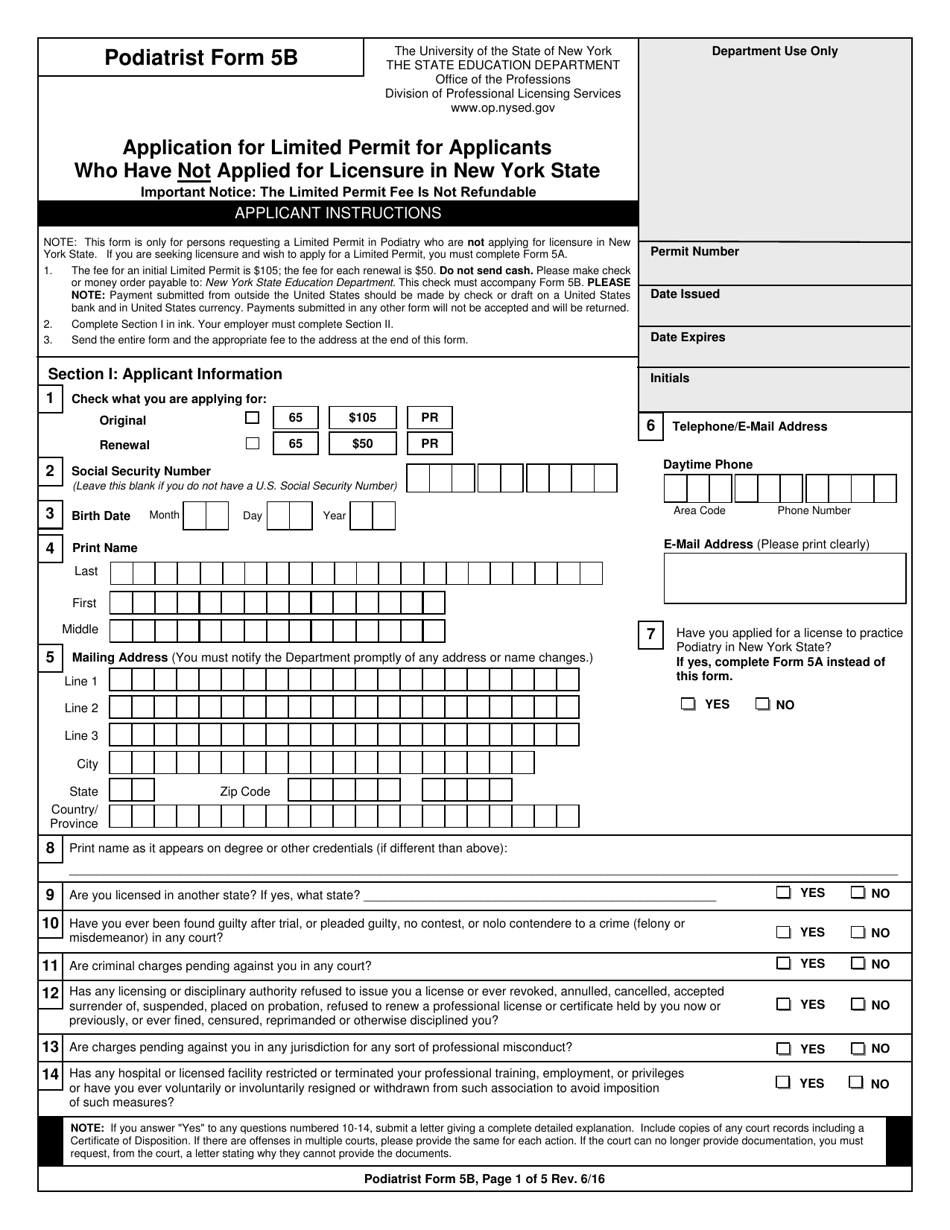 Podiatrist Form 5B Application for Limited Permit for Applicants Who Have Not Applied for Licensure in New York State - New York, Page 1
