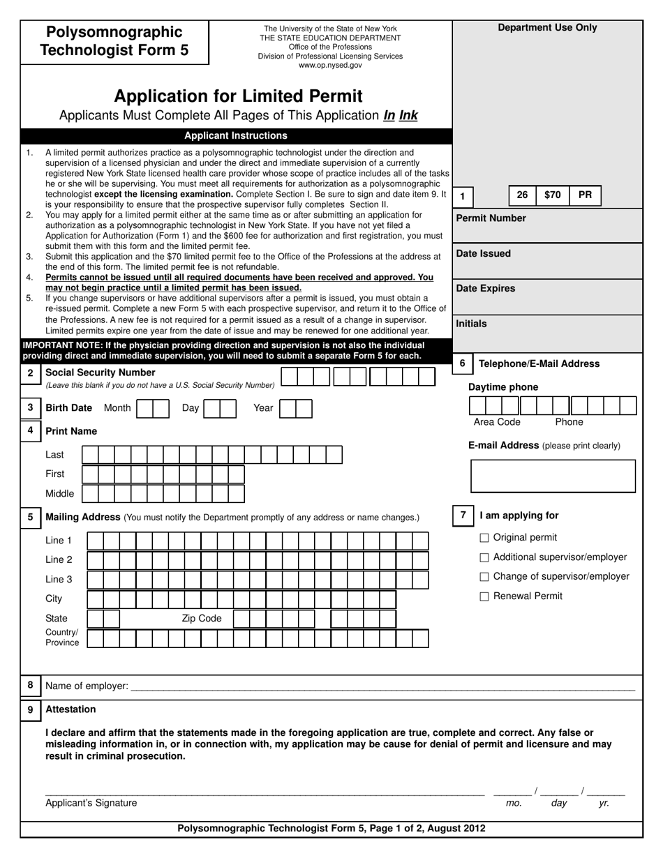Polysomnographic Technologist Form 5 Application for Limited Permit - New York, Page 1