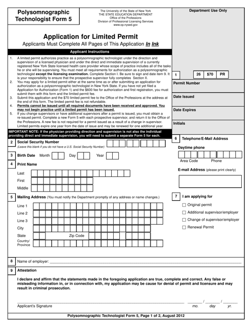 Polysomnographic Technologist Form 5 Application for Limited Permit - New York