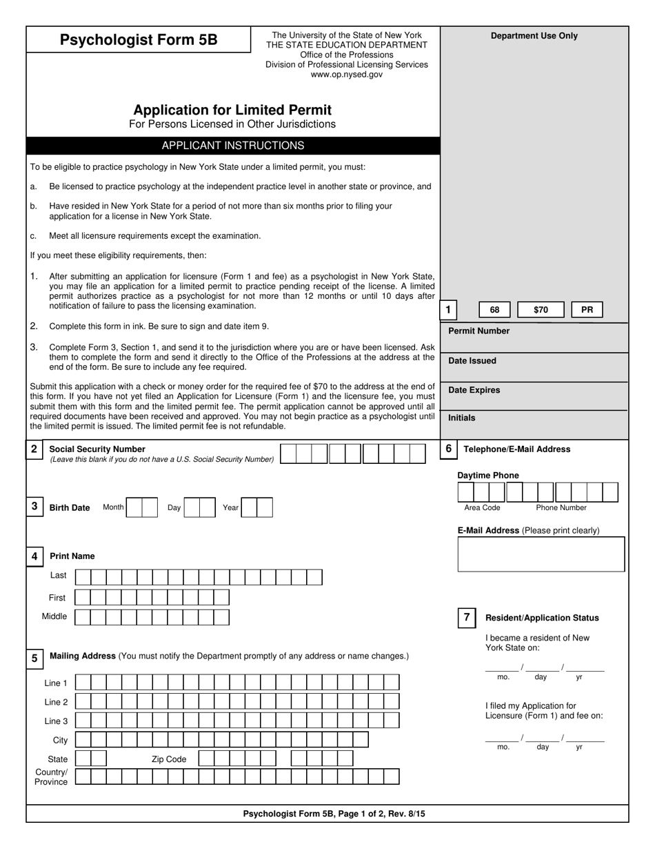 Psychologist Form 5B Application for Limited Permit for Persons Licensed in Other Jurisdictions - New York, Page 1