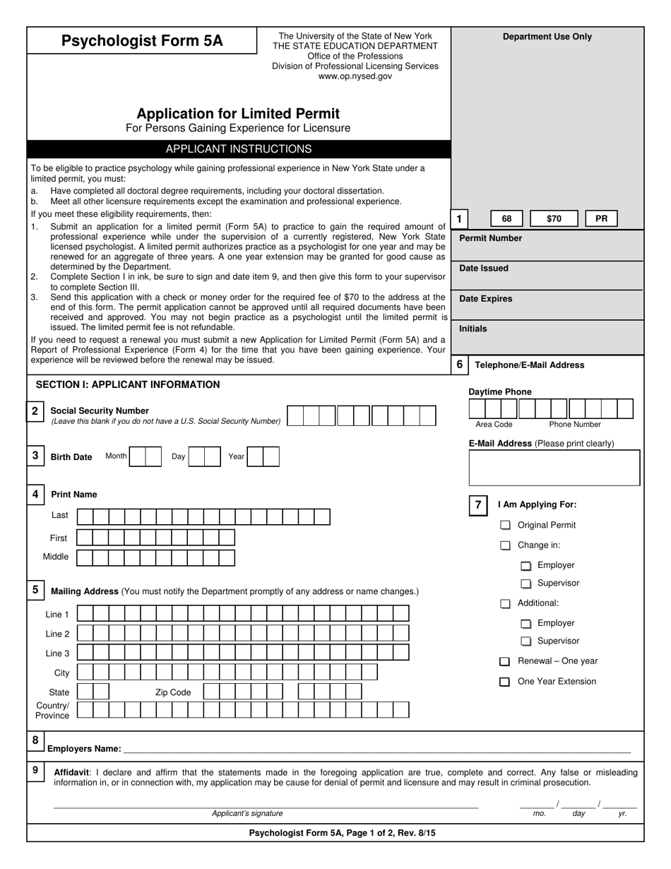 Psychologist Form 5A Application for Limited Permit for Persons Gaining Experience for Licensure - New York, Page 1