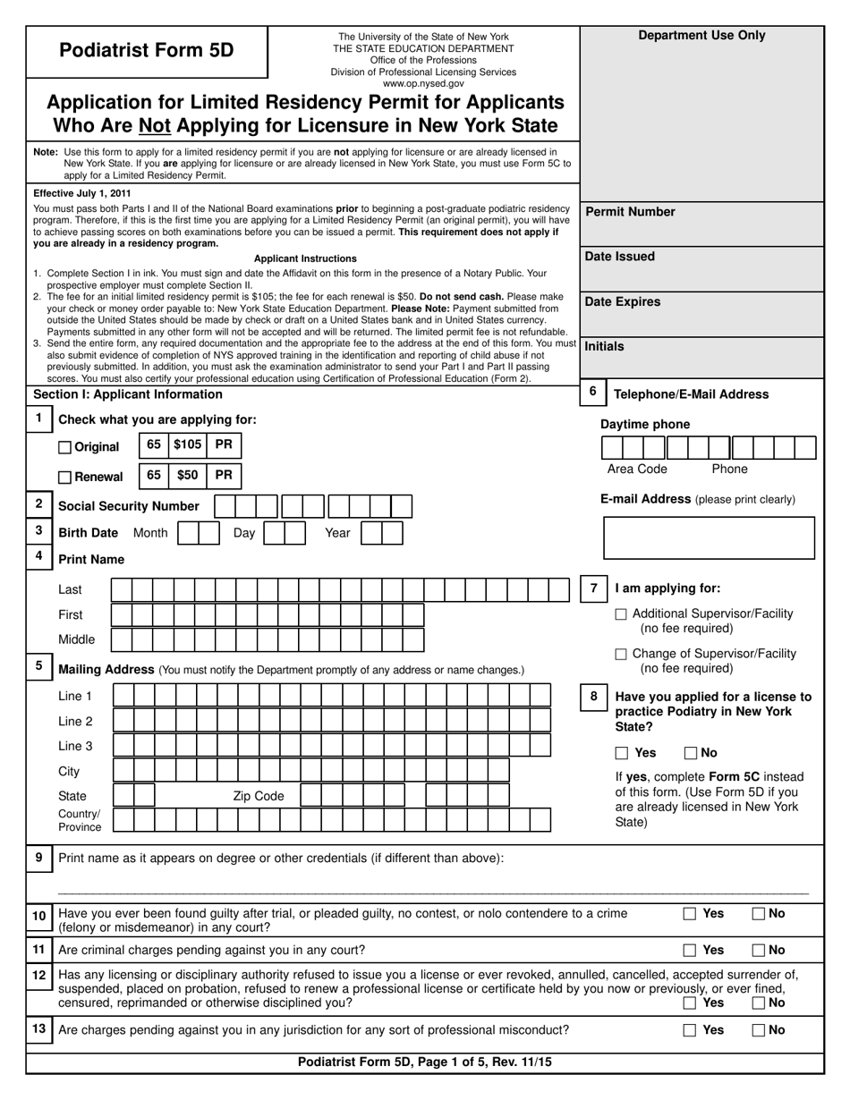 Podiatrist Form 5D Application for Limited Residency Permit for Applicants Who Are Not Applying for Licensure in New York State - New York, Page 1