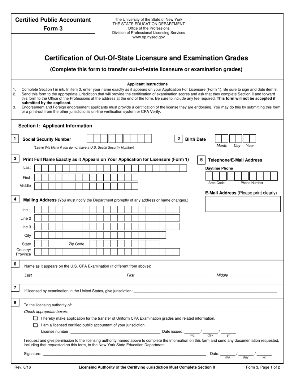 Certified Public Accountant Form 3 Certification of Out-of-State Licensure and Examination Grades - New York, Page 1