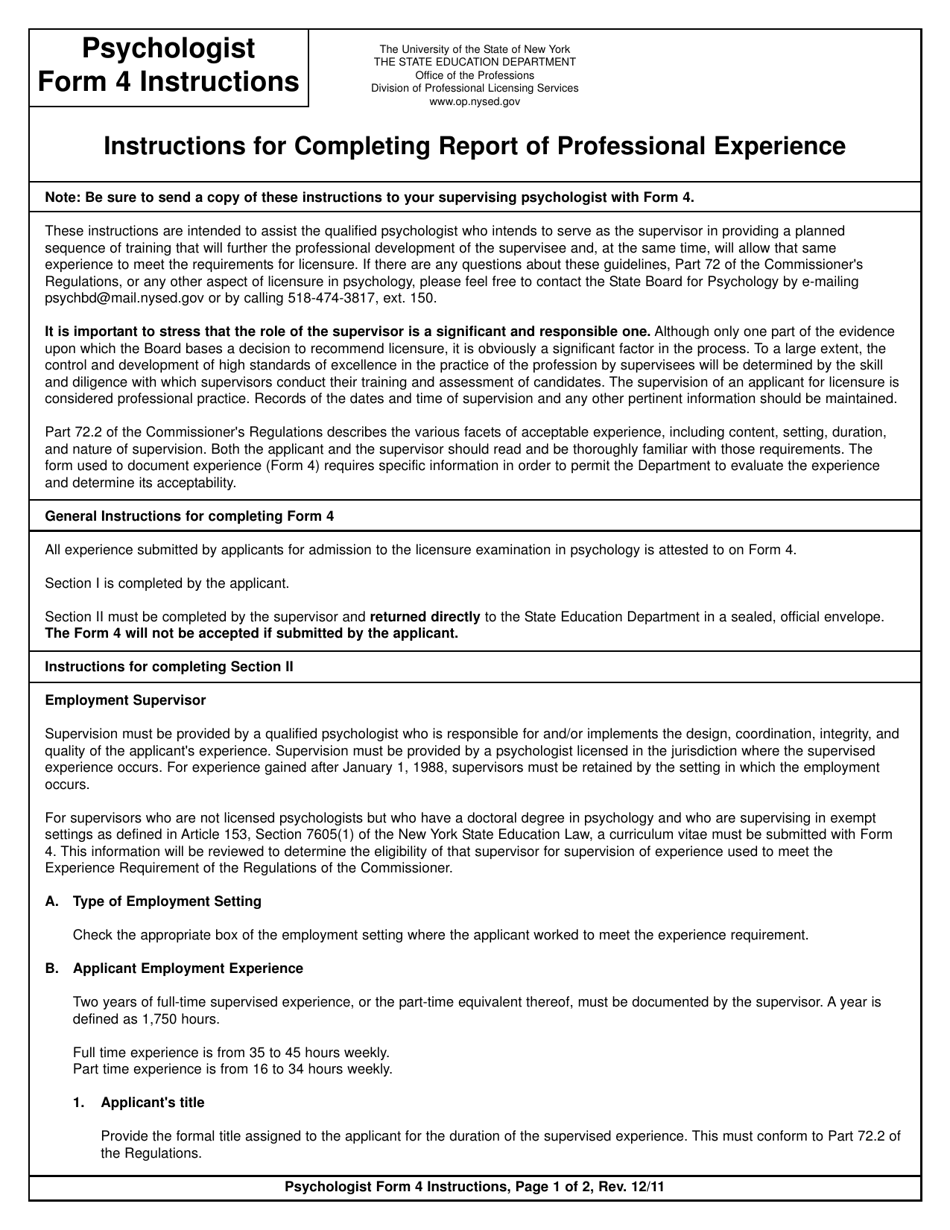 Psychologist Form 4 Report of Professional Experience - New York, Page 1