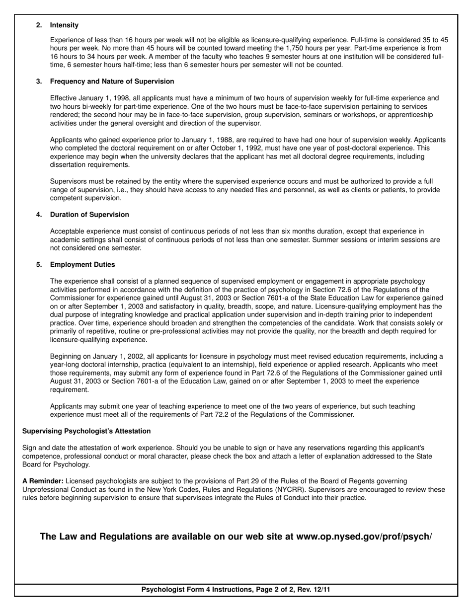 Psychologist Form 4 Report of Professional Experience - New York, Page 2