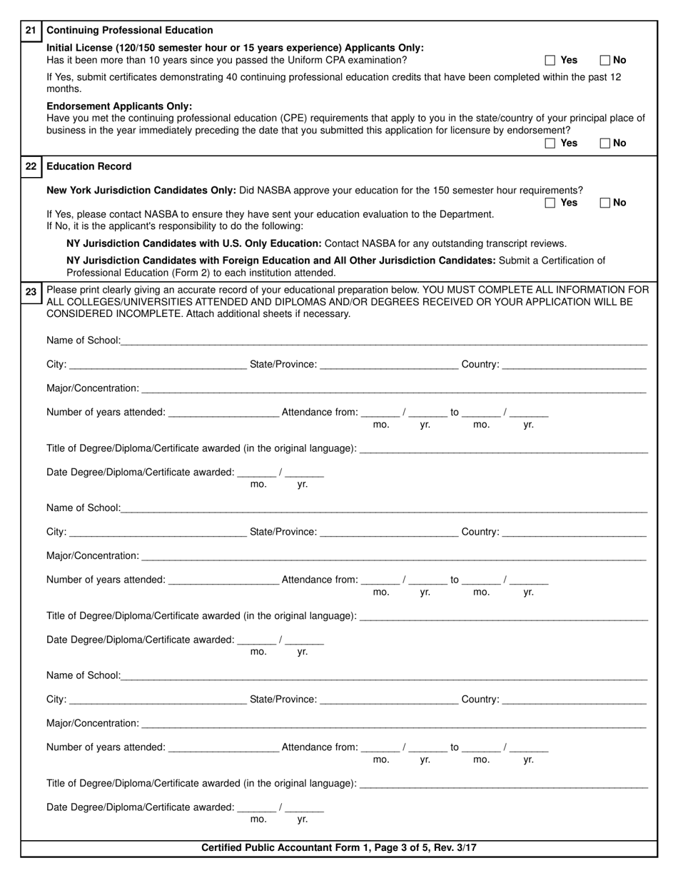 Certified Public Accountant Form 1 Application for Licensure - New York, Page 3