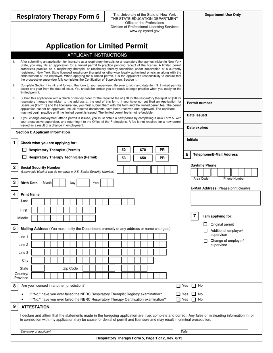 Respiratory Therapy Form 5 Application for Limited Permit - New York, Page 1