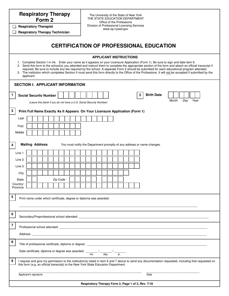 Respiratory Therapy Form 2 Certification of Professional Education - New York, Page 1