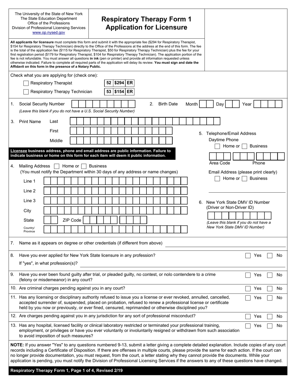 Respiratory Therapy Form 1 Application for Licensure - New York, Page 1
