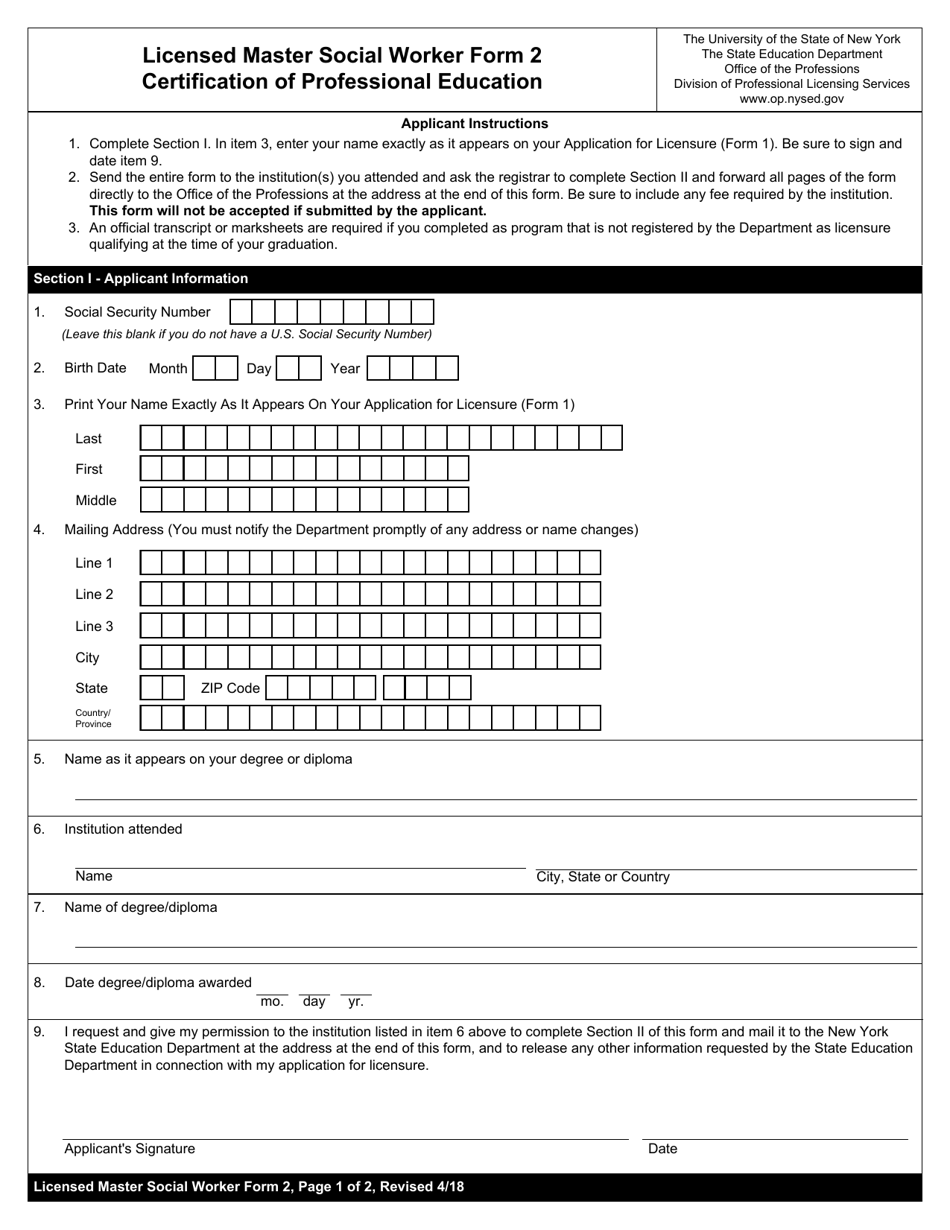 Licensed Master Social Worker Form 2 Certification of Professional Education - New York, Page 1