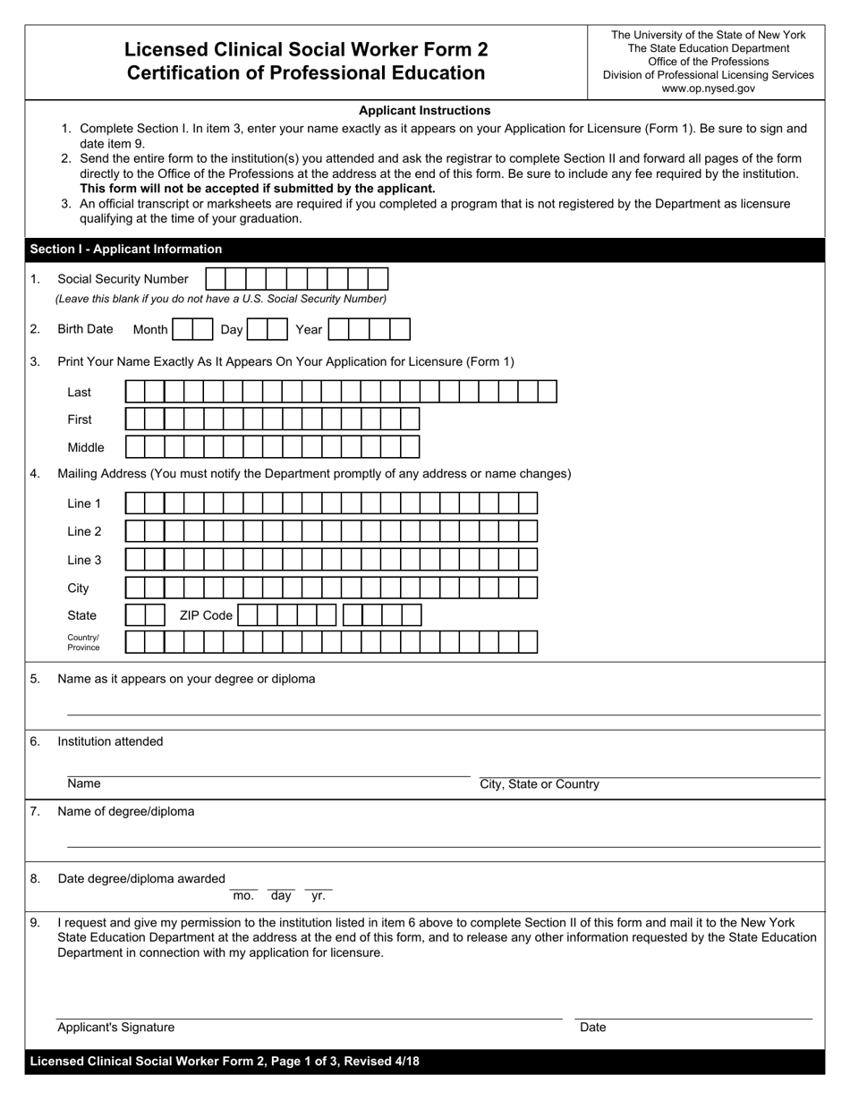 Licensed Clinical Social Worker Form 2 Certification of Professional Education - New York, Page 1