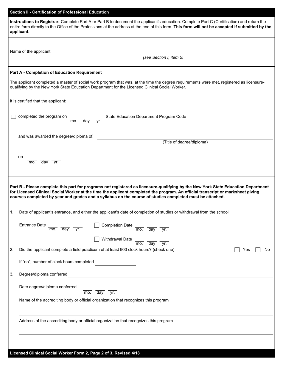 Licensed Clinical Social Worker Form 2 Certification of Professional Education - New York, Page 2