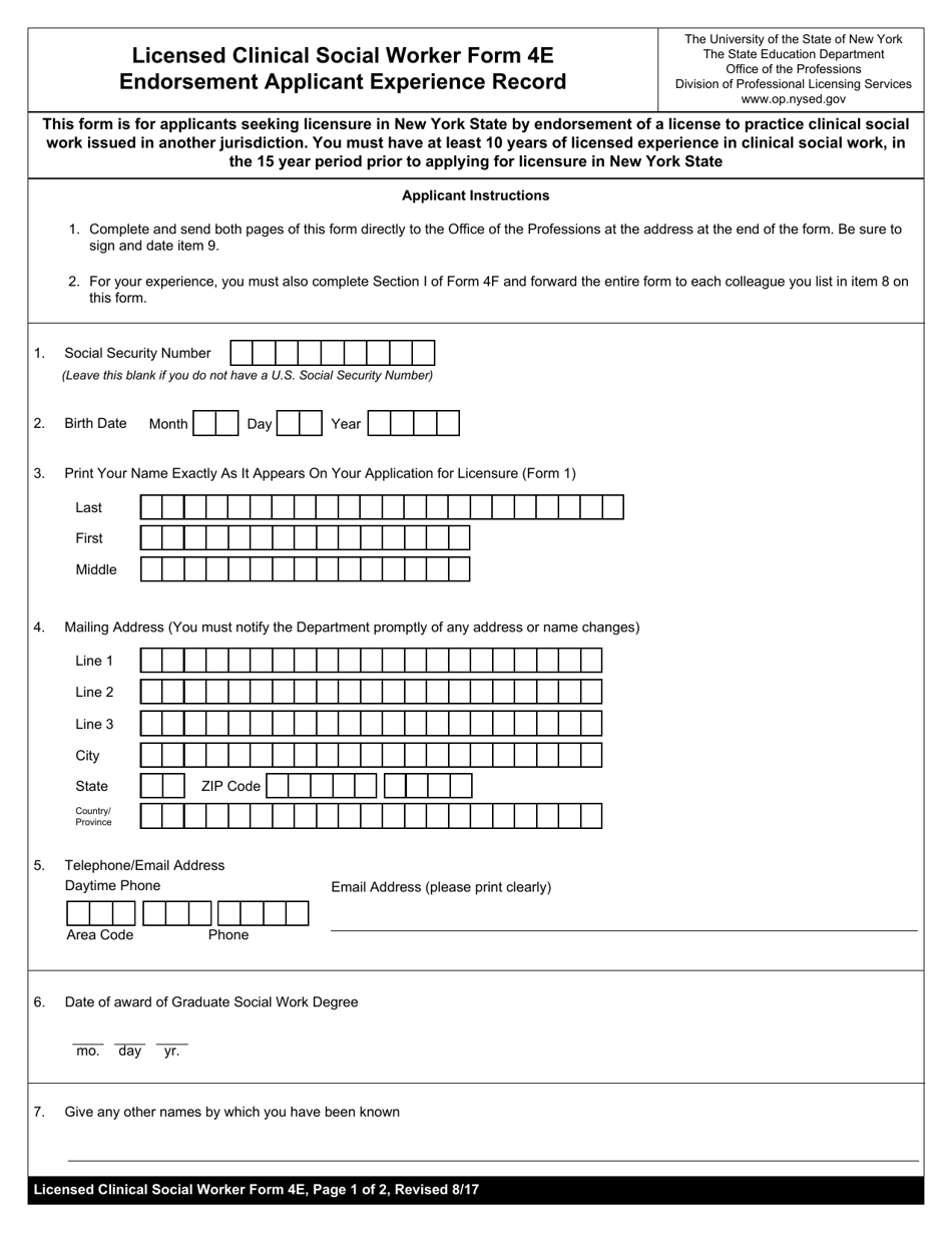 Licensed Clinical Social Worker Form 4E Endorsement Applicant Experience Record - New York, Page 1