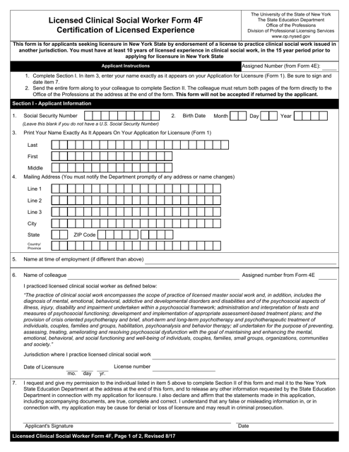 Licensed Clinical Social Worker Form 4F  Printable Pdf
