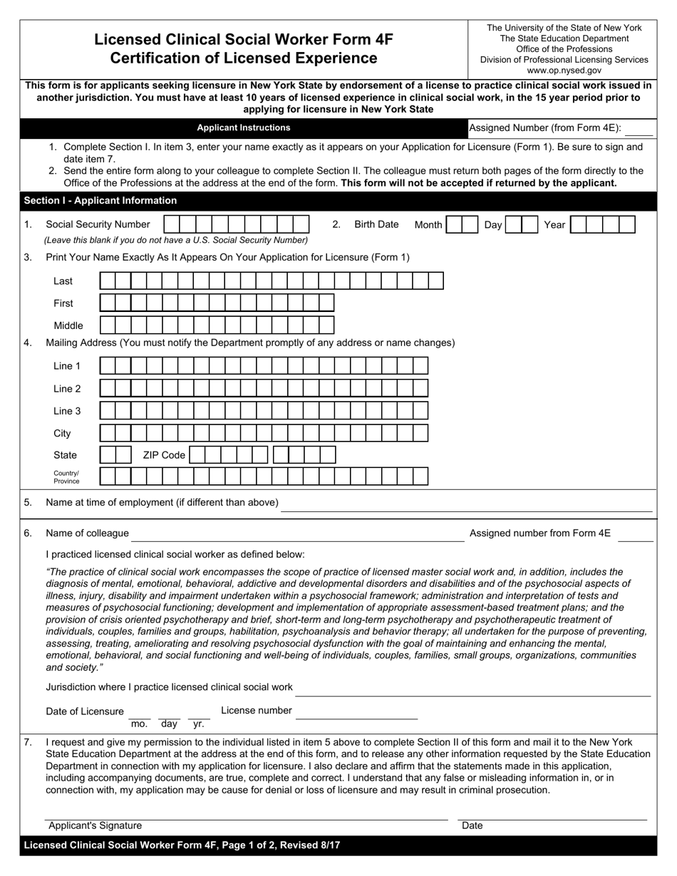 Licensed Clinical Social Worker Form 4F Certification of Licensed Experience - New York, Page 1