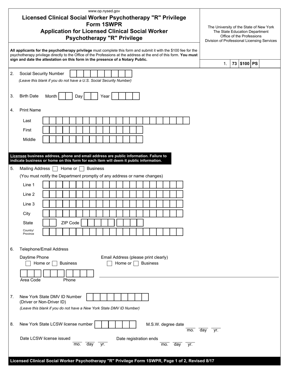 Social Work Psychotherapy Privilege Form 1SWRP Application for Licensed Clinical Social Worker Psychotherapy r Privilege - New York, Page 1