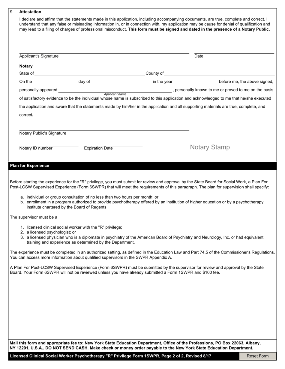 Social Work Psychotherapy Privilege Form 1SWRP Application for Licensed Clinical Social Worker Psychotherapy r Privilege - New York, Page 2