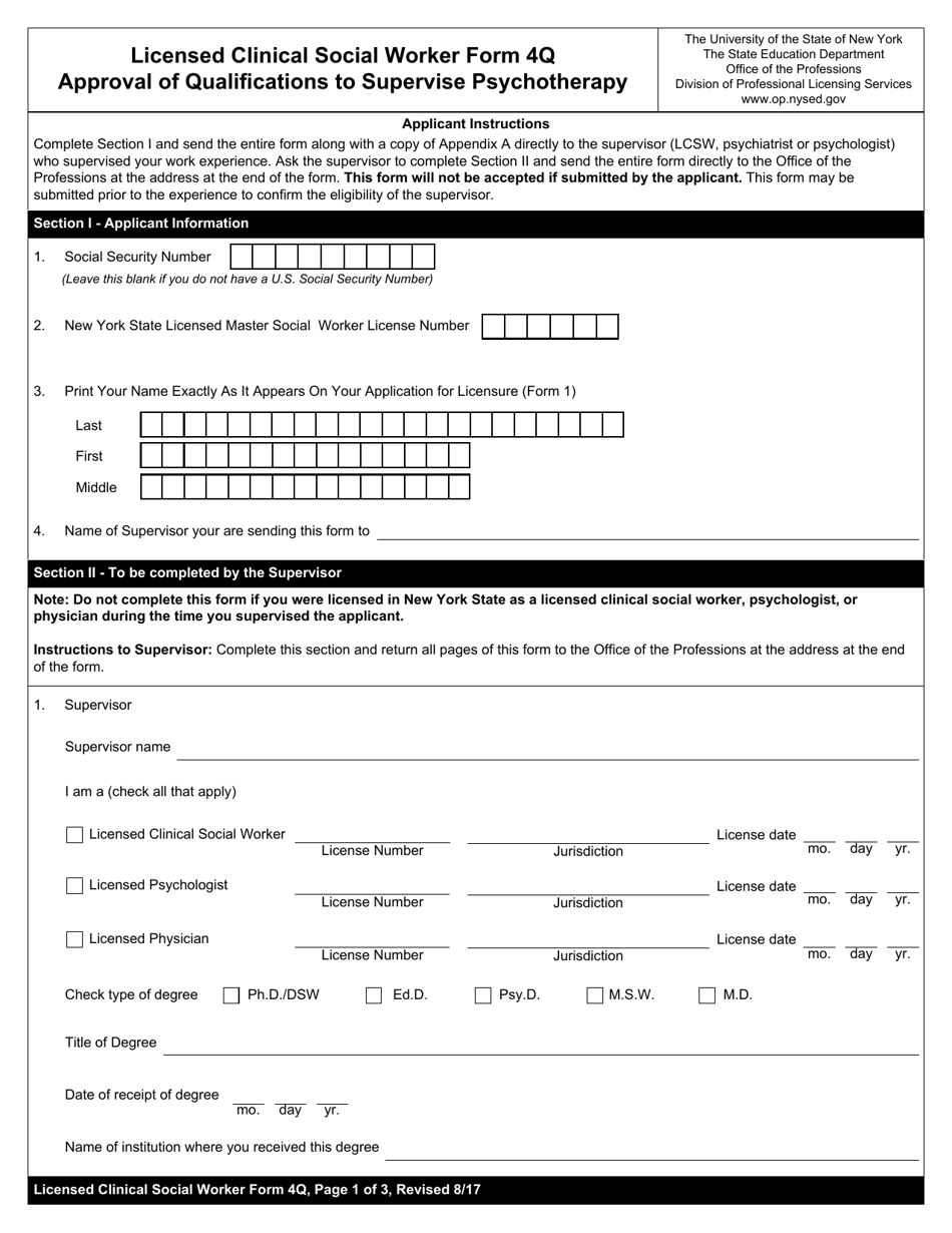 Licensed Clinical Social Worker Form 4Q Approval of Qualifications to Supervise Psychotherapy - New York, Page 1