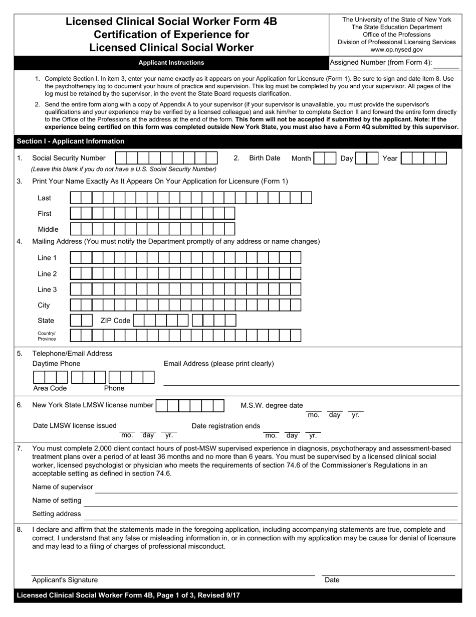 Licensed Clinical Social Worker Form 4B Certification of Experience for Licensed Clinical Social Worker - New York, Page 1
