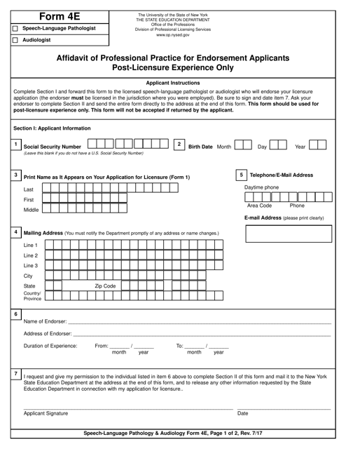 Speech-Language Pathology & Audiology Form 4E Affidavit of Professional Practice for Endorsement Applicants - New York