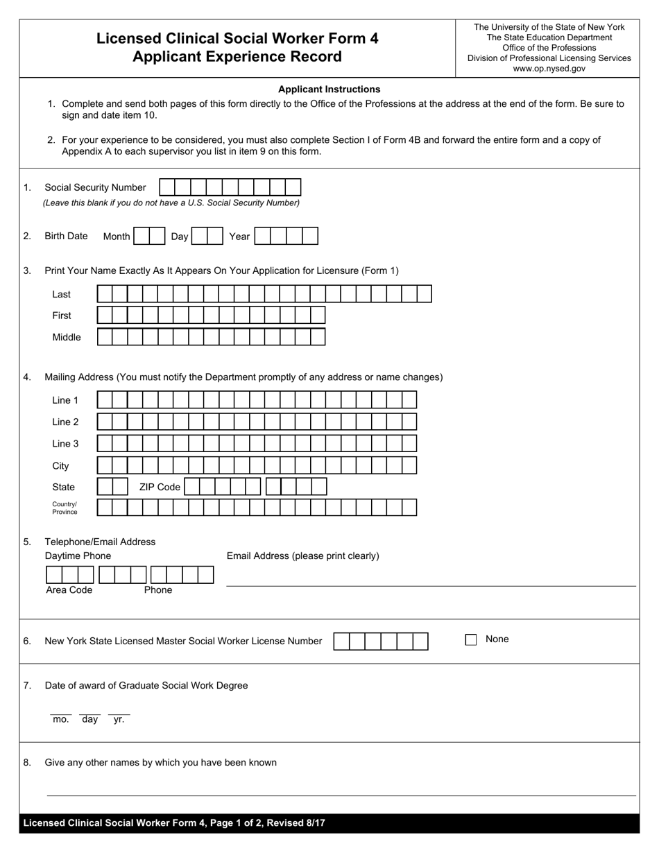Licensed Master Social Worker Form 4 Applicant Experience Record - New York, Page 1
