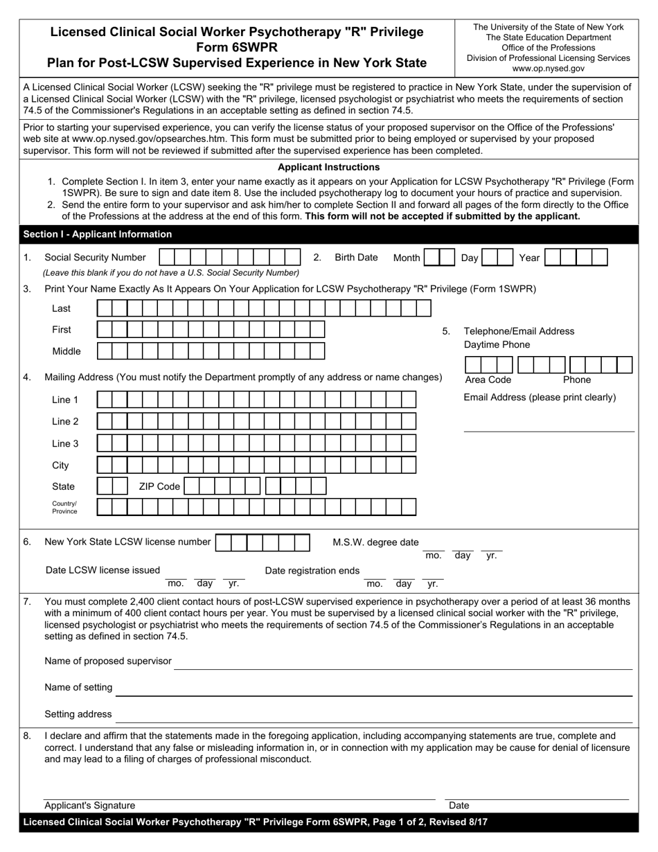 Social Work Psychotherapy Privilege Form 6SWPR Plan for Post-lcsw Supervised Experience in New York State - New York, Page 1