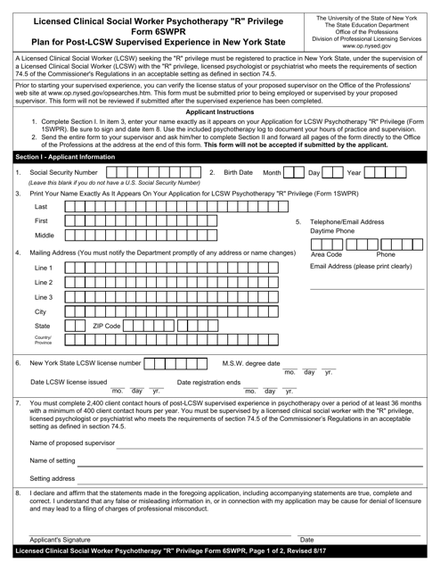 Social Work Psychotherapy Privilege Form 6SWPR Plan for Post-lcsw Supervised Experience in New York State - New York