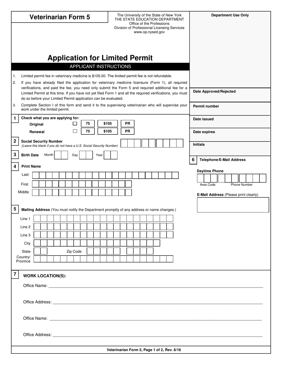 Veterinarian Form 5 Application for Limited Permit - New York, Page 1